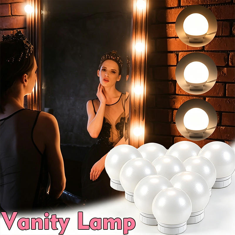 Home Theater Bathroom - ชุดหลอดไฟ LED สำหรับกระจกแต่งหน้า 10 ดวง, โคมไฟติดผนังแบบหรี่แสงได้สไตล์ฮอลลีวูด