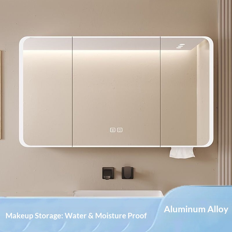 Home Theater Bathroom - ตู้กระจกห้องน้ำ LED อัจฉริยะติดผนัง ป้องกันฝ้า พร้อมที่เก็บของสำหรับแต่งหน้า ทำจากอะลูมิเนียมเกรดอากาศยาน