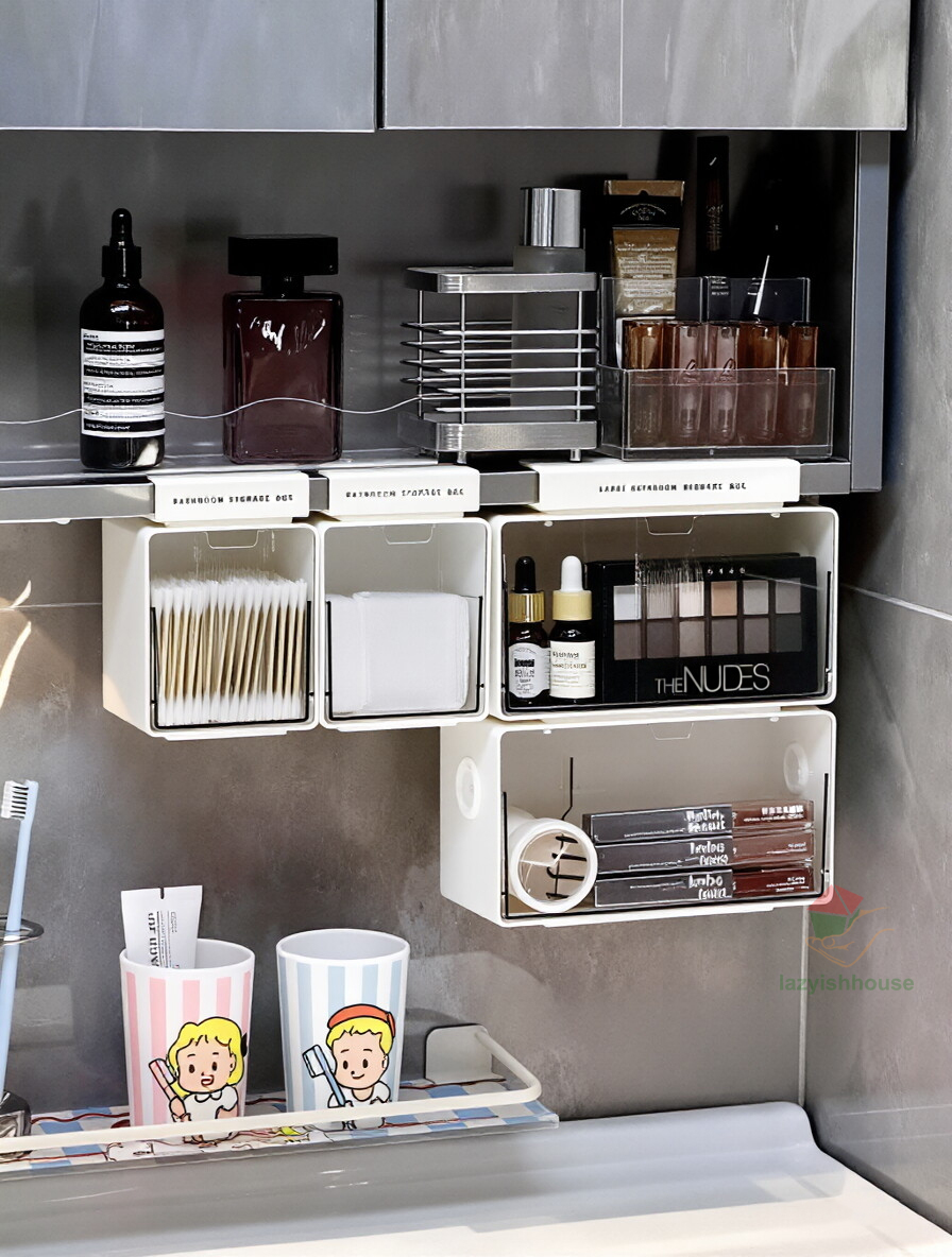 Home Theater Bathroom - กล่องเก็บของแบบลิ้นชักใต้ตู้กระจก โปร่งใส สำหรับห้องน้ำ ใส่สำลีแต่งหน้า สำลีเช็ดหน้า แบบดึงออกได้