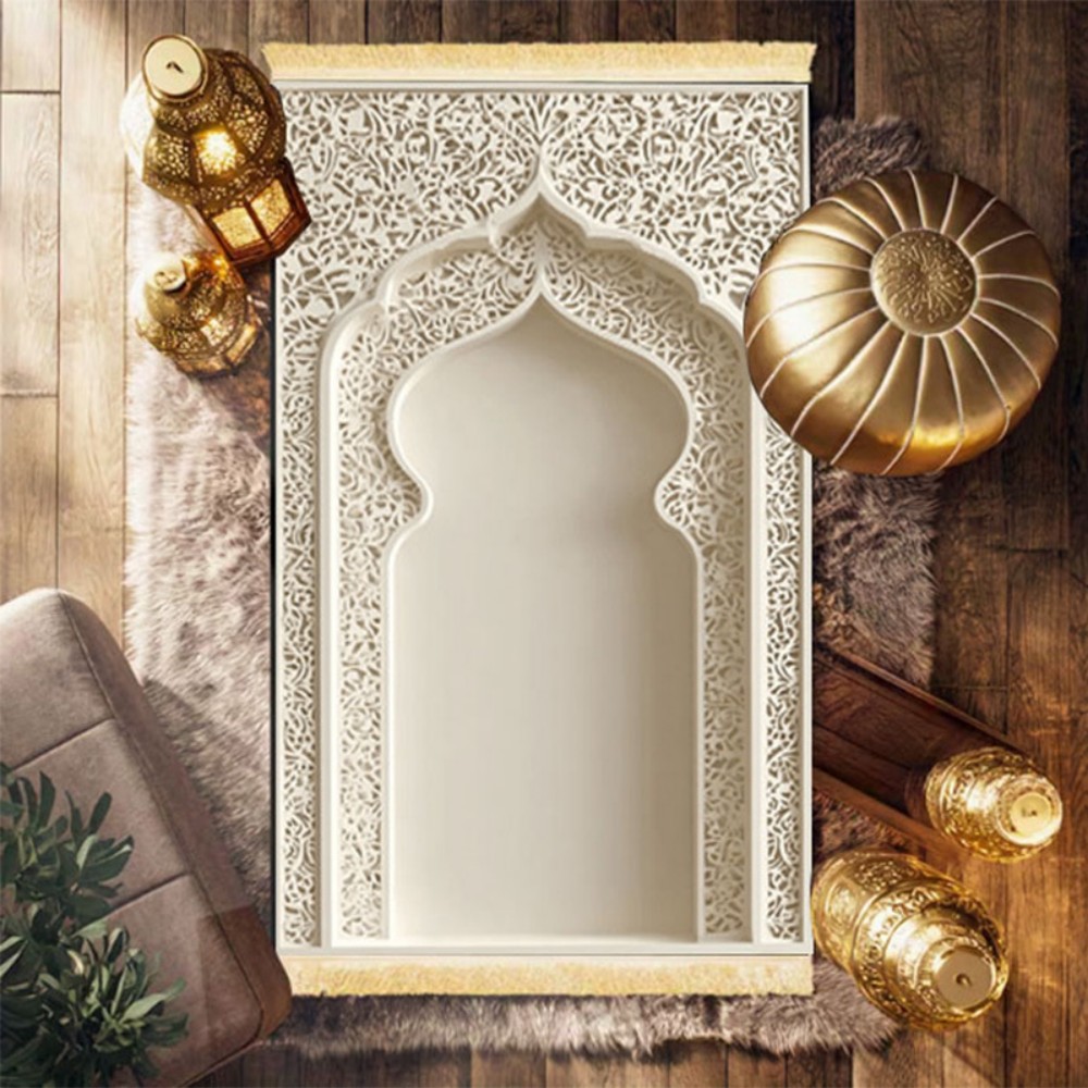 Home Bathroom Door Design - พรมละหมาดอิสลาม VIKAMA พร้อมดีไซน์ลายโค้งนูนสีขาวสุดหรู ซักทำความสะอาดได้ พับเก็บได้ พรมสำหรับเดินทางสำหรับพิธีกรรมวันอีดและละหมาด