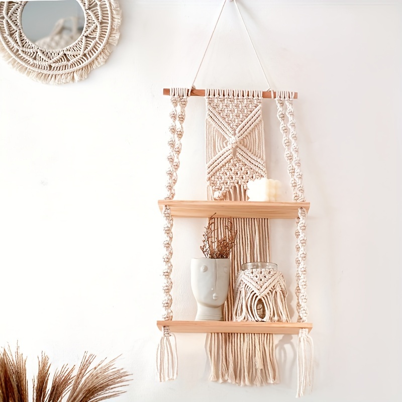 Home Bathroom Shelf - ชั้นวางของแขวนผนังแบบถักมือสไตล์โบฮีเมียน, ชั้นวางของแบบลอย 2 ชั้น, ของตกแต่งบ้านไม้แบบเรียบง่ายสำหรับห้องนอนและห้องน้ำ