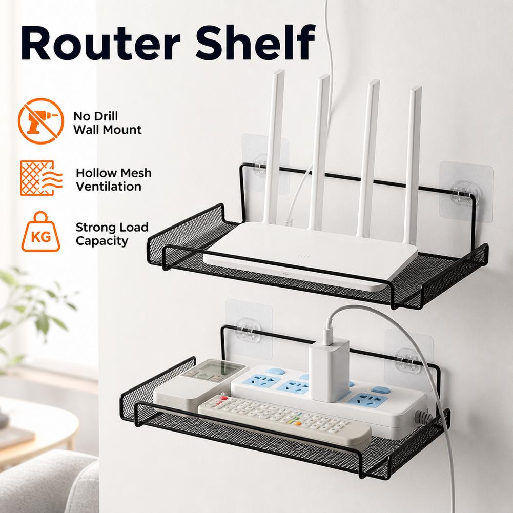 Home Bathroom Shelf - ชั้นวางเราเตอร์ติดผนังสแตนเลส ไม่ต้องเจาะผนัง สำหรับจัดเก็บอุปกรณ์ WiFi ใช้ได้ในบ้าน ห้องน้ำ