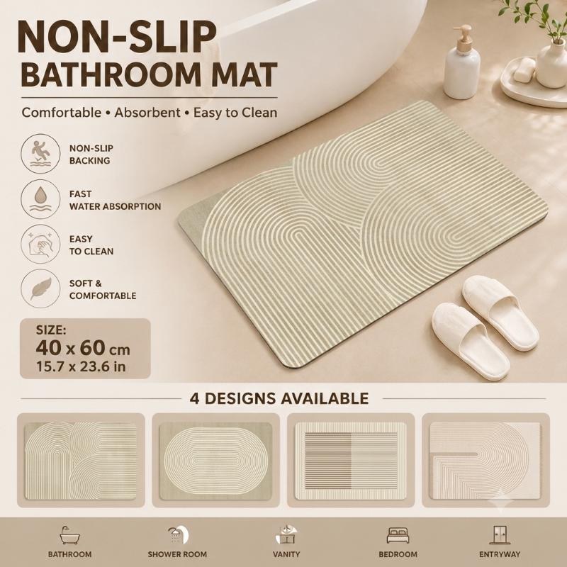 Home Bathroom Mats - แผ่นรองพื้นอาบน้ำไดอะโตไมต์ แห้งเร็ว ดูดซับน้ำได้ดี สีเบจ ลายทาง พร้อมแผ่นรองกันลื่น
